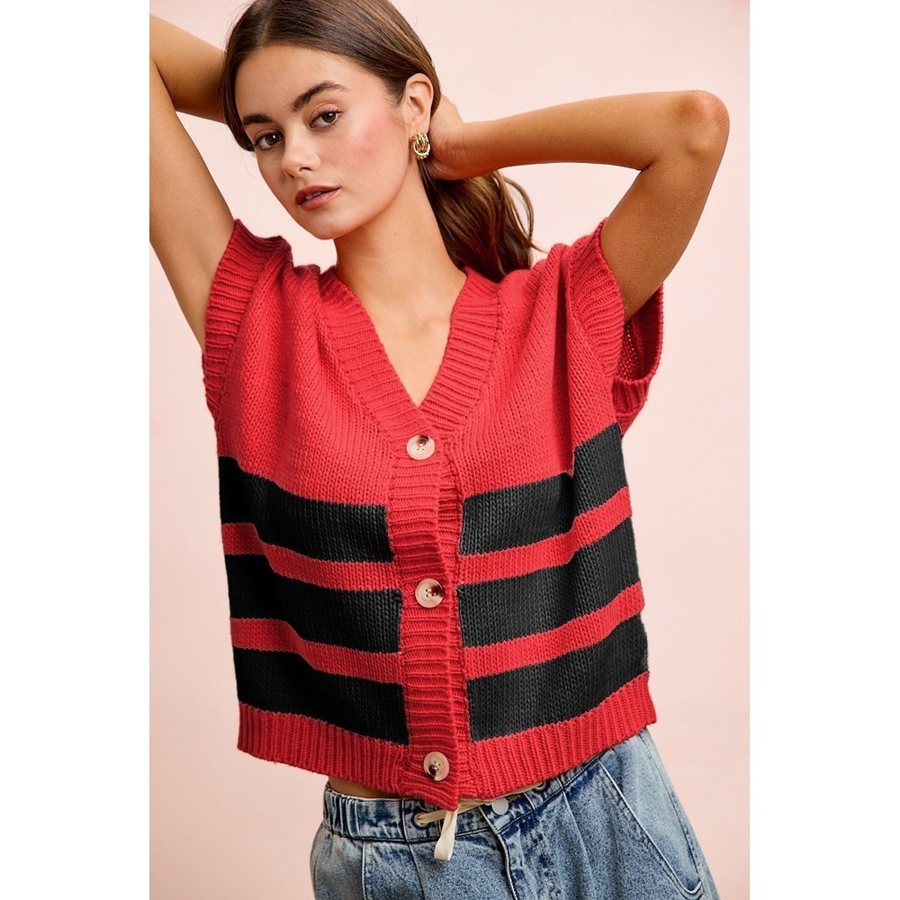 BiBi Game Day Theme Stripe Buttoned V Neck Knit Cardigan - Red/Black - Large